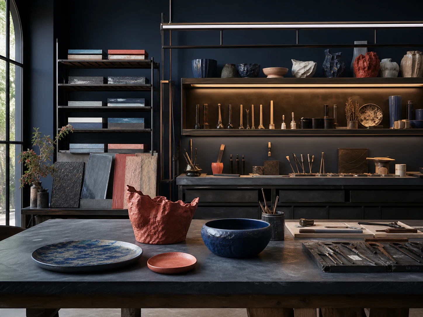 Atelier artigiano contemporaneo con ceramiche e materiali