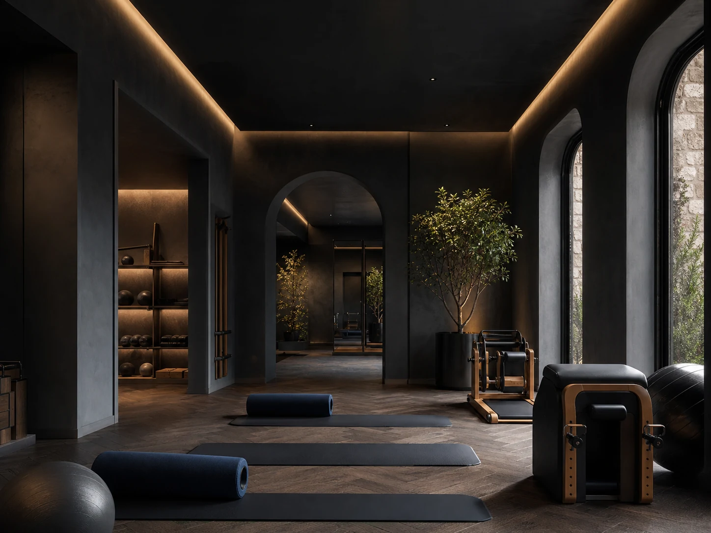 Studio wellness contemporaneo in tonalità scure e luce calda